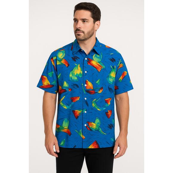 Vintage 70s Tori Richard Shirt Mens XL Blue Abstract Print Short Sleeve Buttonup - Picture 1 of 12